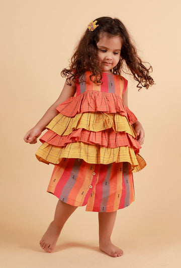 Set of 2:orange Stripe Top With Orange And Multicolor Stripe Skirt